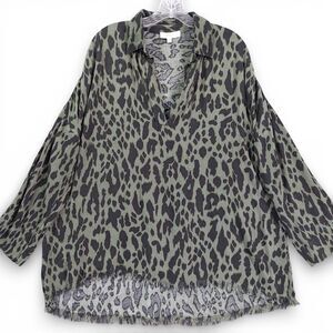 Umgee Leopard Print Tunic Blouse Olive Green Boho Raw Hem Long Sleeve 1XL